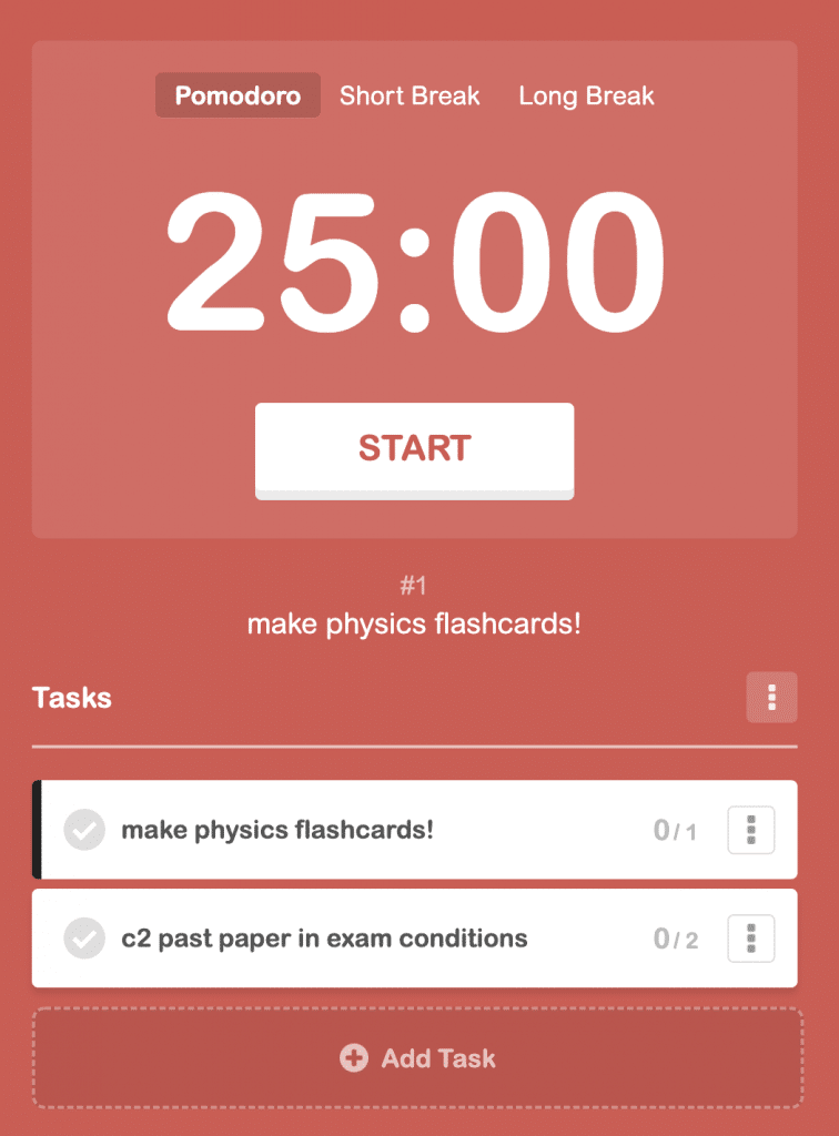 A screenshot of an online Pomodoro timer from the website Pomofocus.