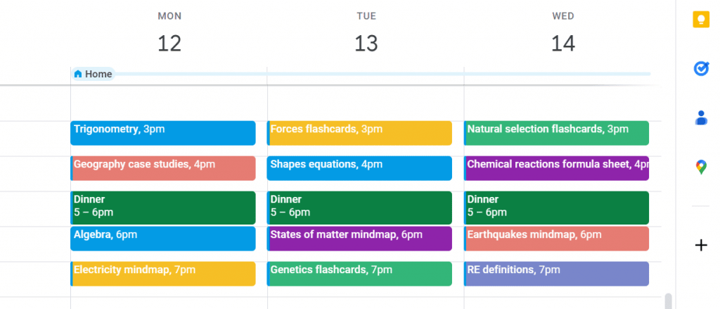 A revision timetable made using Google Calendar.