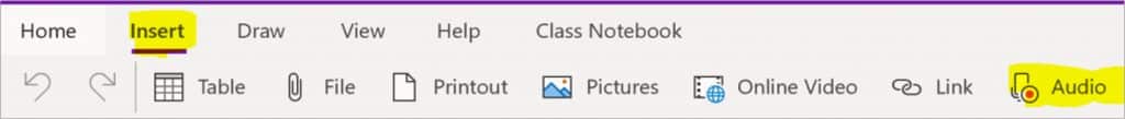 A screenshot of OneNote showing how to insert an audio message.