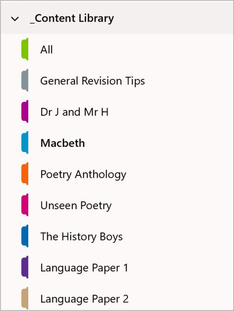 A screenshot of the Content Library of Andrew's Class Notebook in OneNote.